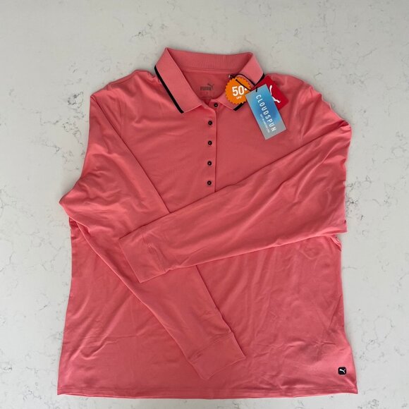 Puma W Cloudspun Activewear Long Slv Polo Top Carnation Pink & Navy Sz XL NWT - Picture 2 of 12